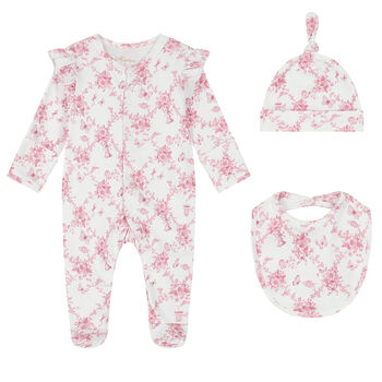 Baby Girls White & Pink Floral & Butterflies Babygrow Set
